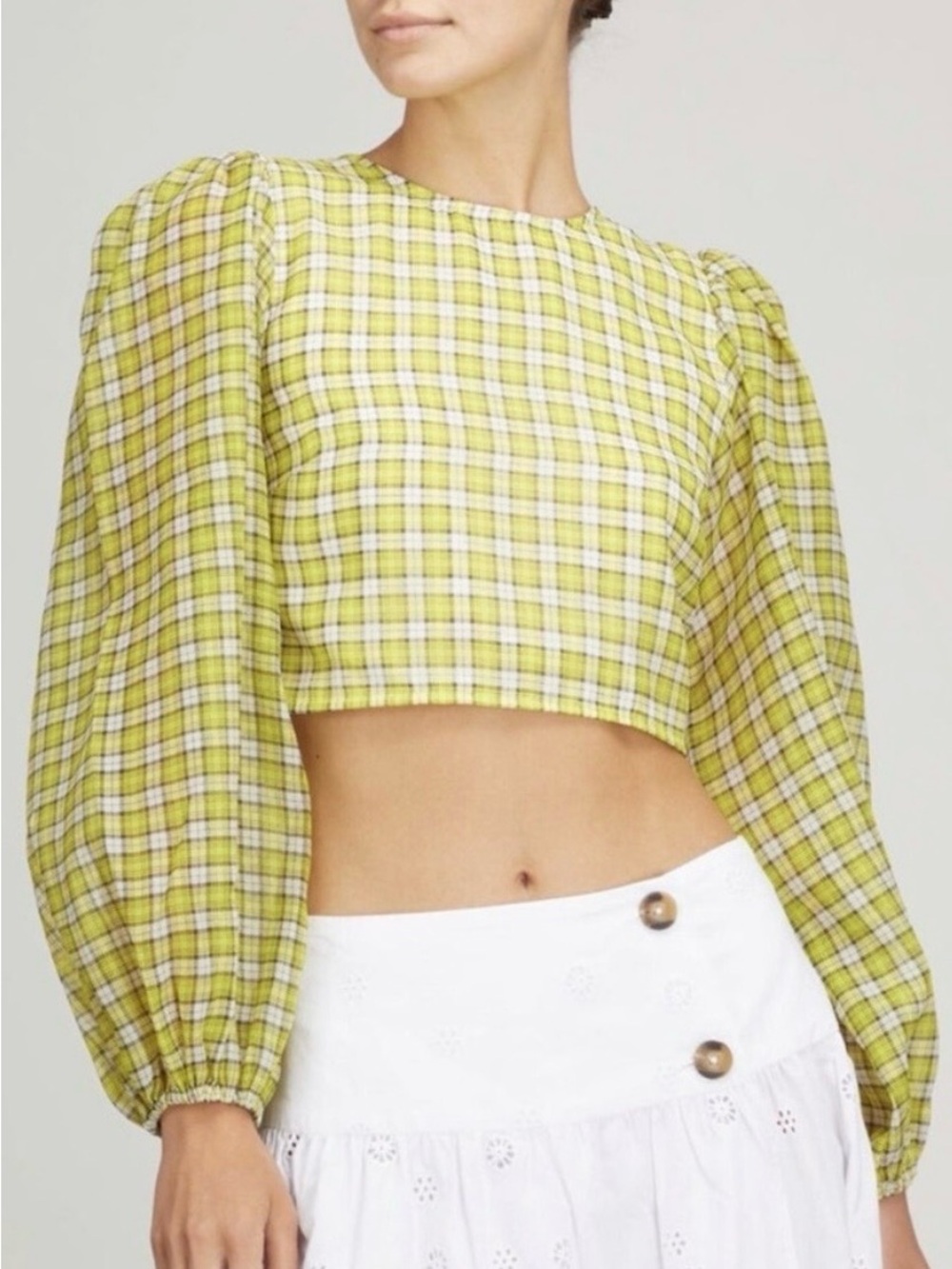 GANNI Plaid Puff-Sleeve Crop Top - Yellow